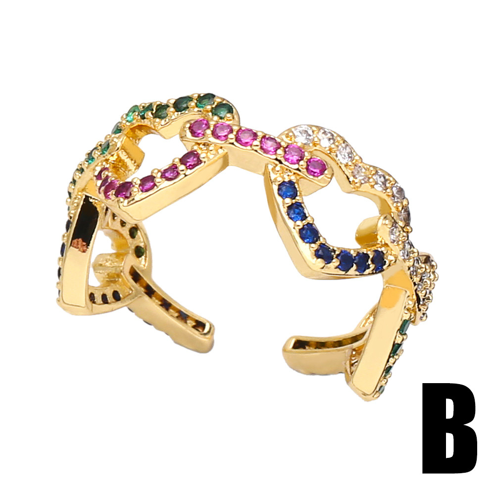 Color zircon hollow heart-shaped fashion ring copper