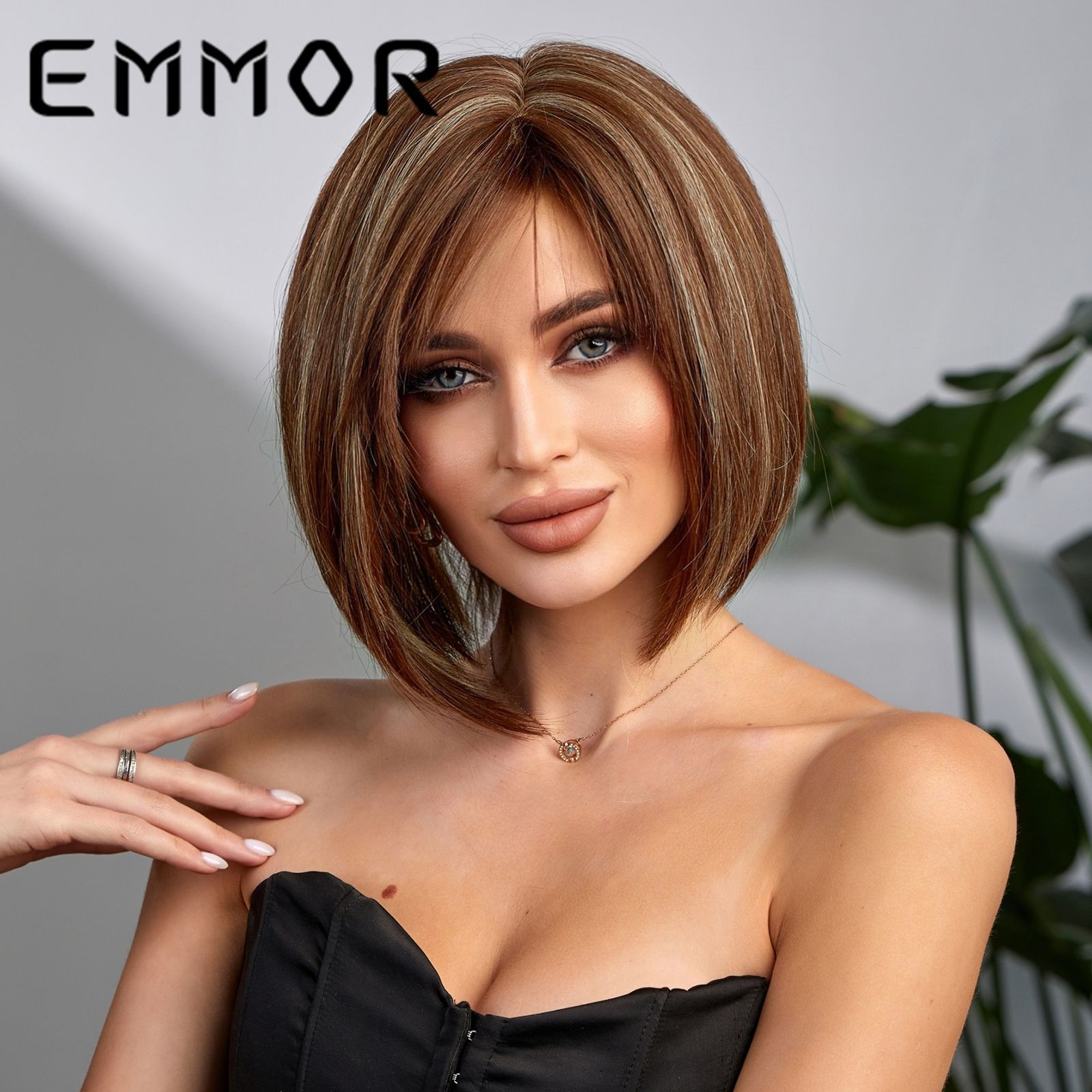 Amazon nueva peluca transfronteriza femenina oblicua corta recta pelo verano frente tejida a mano europea y americana Peluca de fibra química cabeza completa