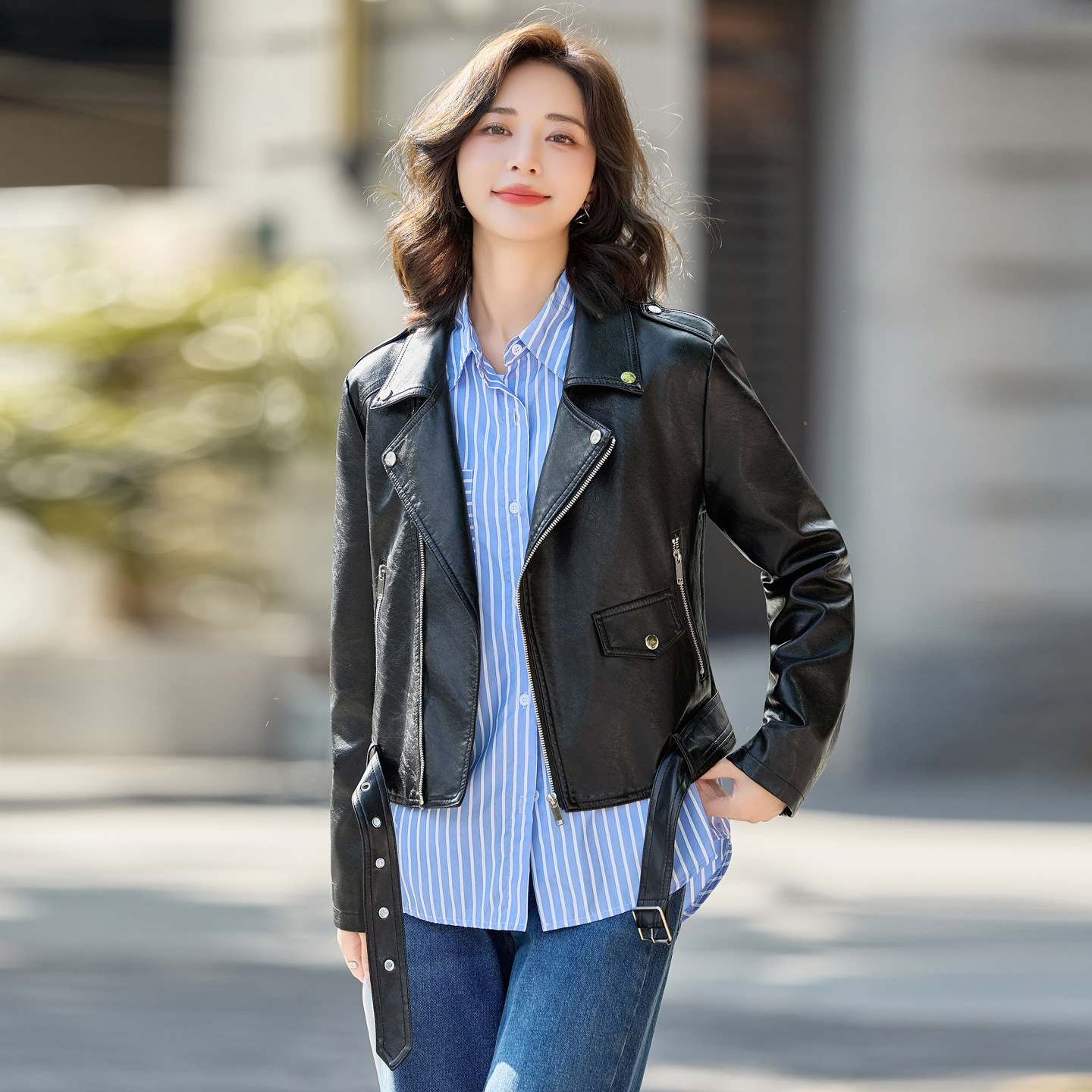 Trendy Haining Versatile Leather Jacket for Women, Short Blazer-Style Biker Jacket, Slimming and Fashionable Leather Coat for Women