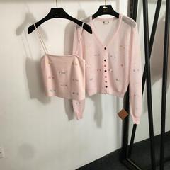 2025夏南油新作スーツカラーロゴ刺繍文字長袖ニットカーディガン+ニットキャミソール