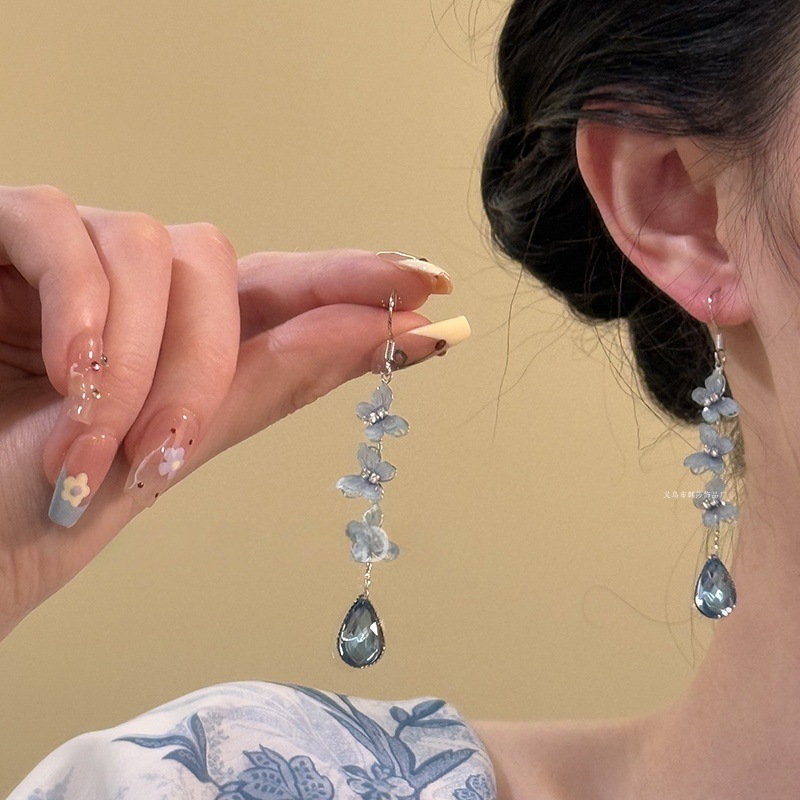 Cool Butterfly Tears ~ Super Fairy Blue Butterfly Drop Pendant Earrings Female Niche Design High-grade Long Tassel Earrings