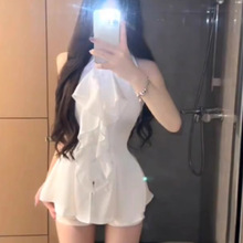 荷叶边无袖衬衫上衣女夏法式气质中长款收腰修身衬衣
