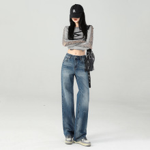 秋季新款复古微弹阔腿牛仔裤女蓝色高腰显瘦垂感宽松直筒裤子长裤