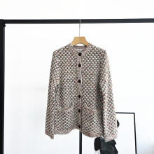 25秋冬女装开衫圆领长袖纽扣花纱撞色提花口袋直筒针织衫毛衣外套