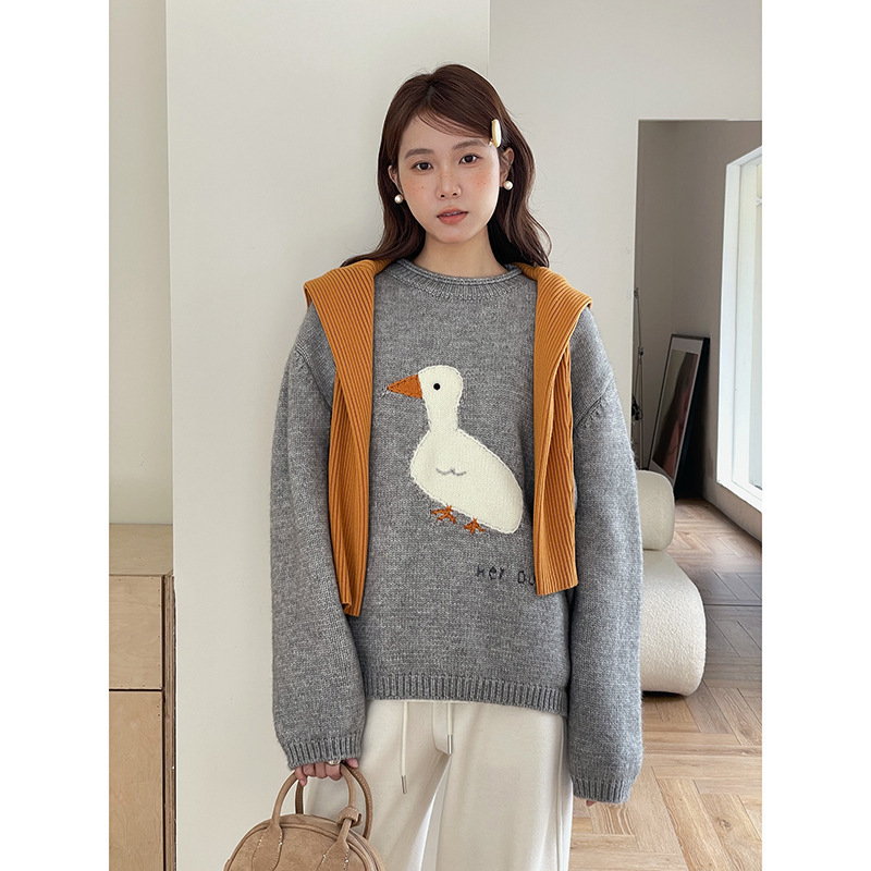 [Warm Winter Little White Duck] Geming Korean Commuting Jacquard Sweater Women's Winter New Round Neck Top J851C