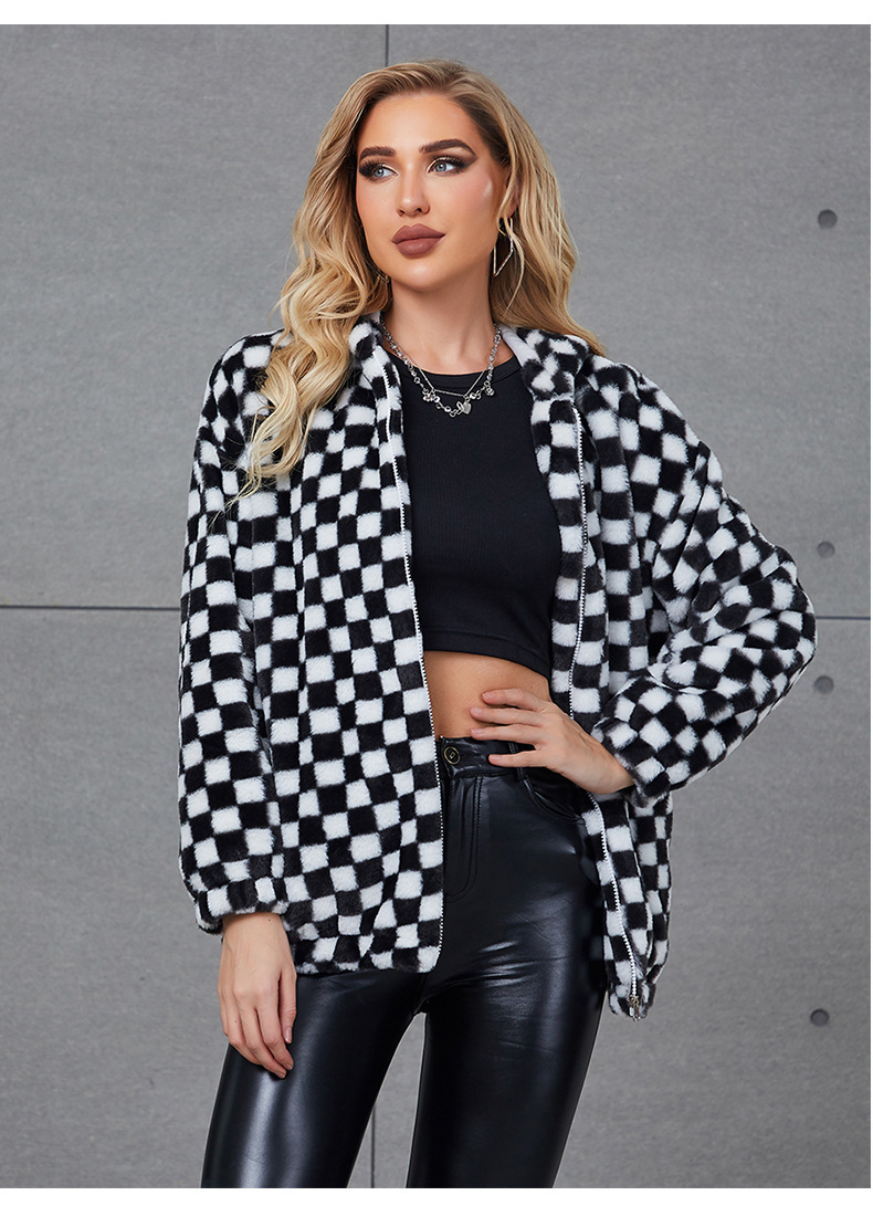 Women's imitation fur outerwear black and white checked short coat_voghion.com