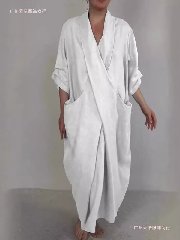 2026 Foreign Trade Summer/Autumn Linen Bathrobe Dress Solid Color Casual Large Pocket V-Neck Slit Dress 2026 Foreign Trade Summer/Autumn Linen Bathrobe Dress Solid Color Casual Large Pocket V-Neck Slit Dress