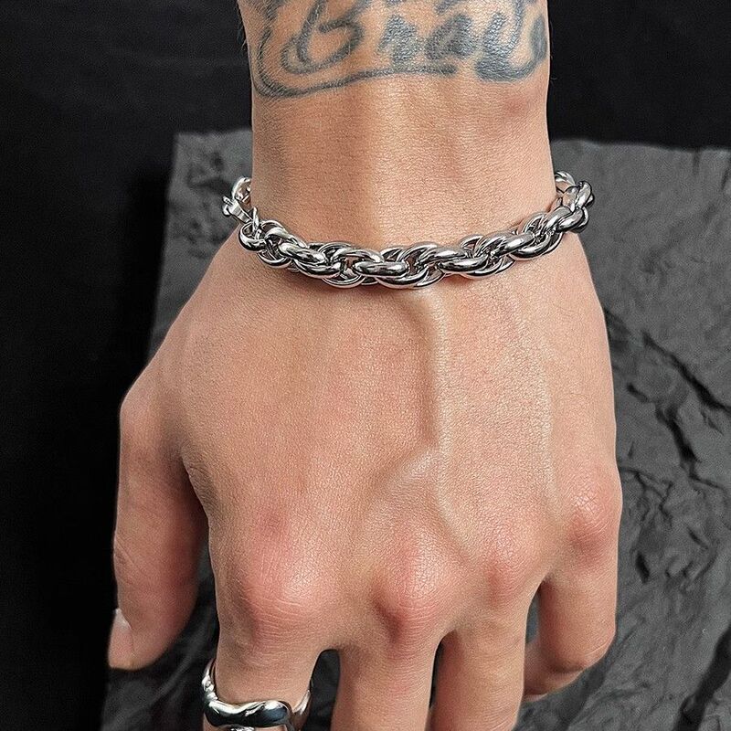 Men's hip-hop hiphop trendy men's thick domineering bracelet Ruffian handsome American titanium steel non-fading bracelet silver bracelet Men's hip-hop hiphop trendy men's thick domineering bracelet Ruffian handsome American titanium steel non-fading bracelet silver bracelet