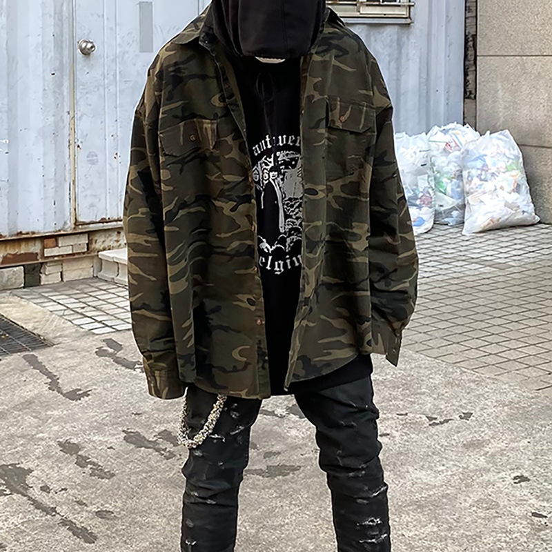 Calle undermycar lavado viejo oscuro Plaid Patch camuflaje hombres delgados y mujeres camisa casual suelta moda