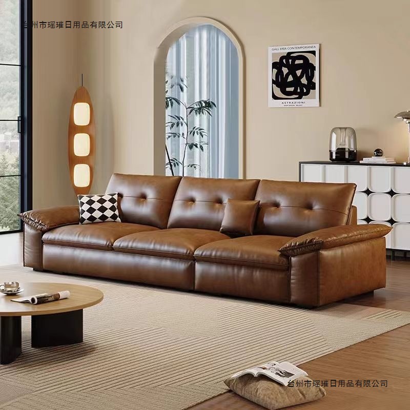 Italian Minimalist Leather Sofa for Small Living Rooms, Tofu Block Style, Light Luxury, Modern Retro Brown Straight-Row Cloud Sail Sofa