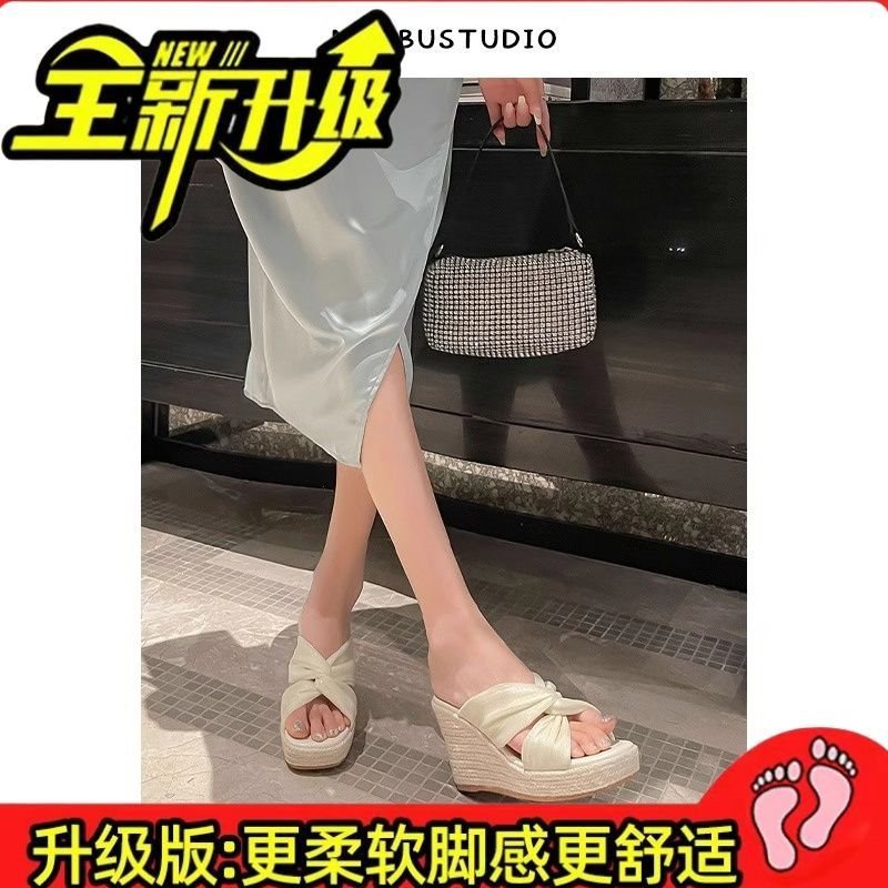 小个子9cm增高厚底拖鞋鞋纽结草编坡跟拖鞋9cm夏外穿高跟一字凉鞋|undefined