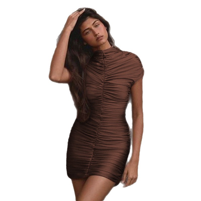Europa y los Estados Unidos de comercio exterior ropa de mujer 2026 otoño nuevo estilo casual de manga corta de color sólido cuello redondo pliegue delgado bolsa de cadera vestido corto