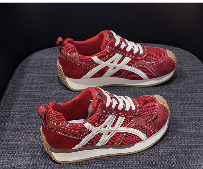 Giày sneaker nữ da thật đế chunky tăng chiều cao phong cách cổ điển — M2912 phẳng màu đỏ, M2912 đáy phẳng màu be, M2912-1 nâng cao bên trong màu be, M2912-1 nâng cao bên trong màu đỏ chi tiết 15