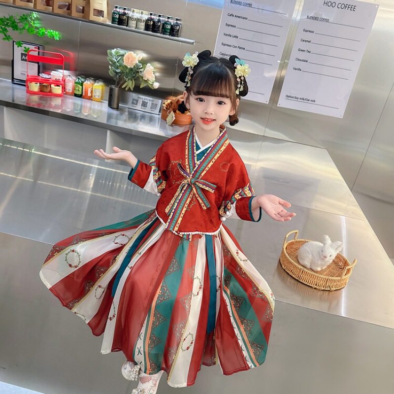 Hanfu girl autumn collection Chinese-style exotic charm Tang-style girl improved ancient costume baby set long-sleeved Confucianism dress