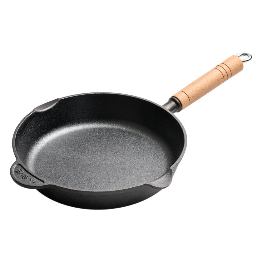 Nuevo mango de madera de hierro fundido sartén hogar sartén antiadherente no recubierto de hierro de cerdo filete panqueque pan de gas Universal