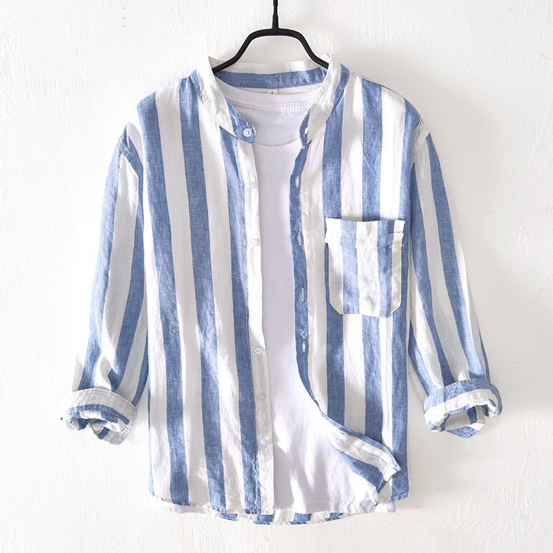 L780 Summer Trendyy Short-Sleeved Shirt for Men, Casual Linen Stripesd Three-Quarter Sleeve Shirt (Subject to Stock)