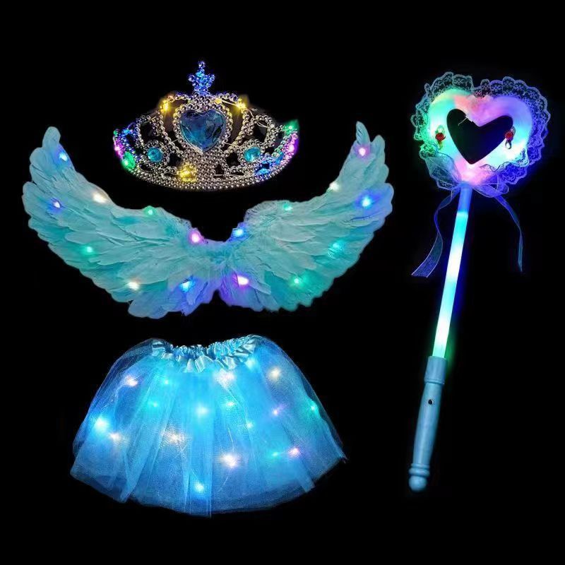 Alas de plumas luminosas azul + falda de luz + Corona de luz + palo de encaje