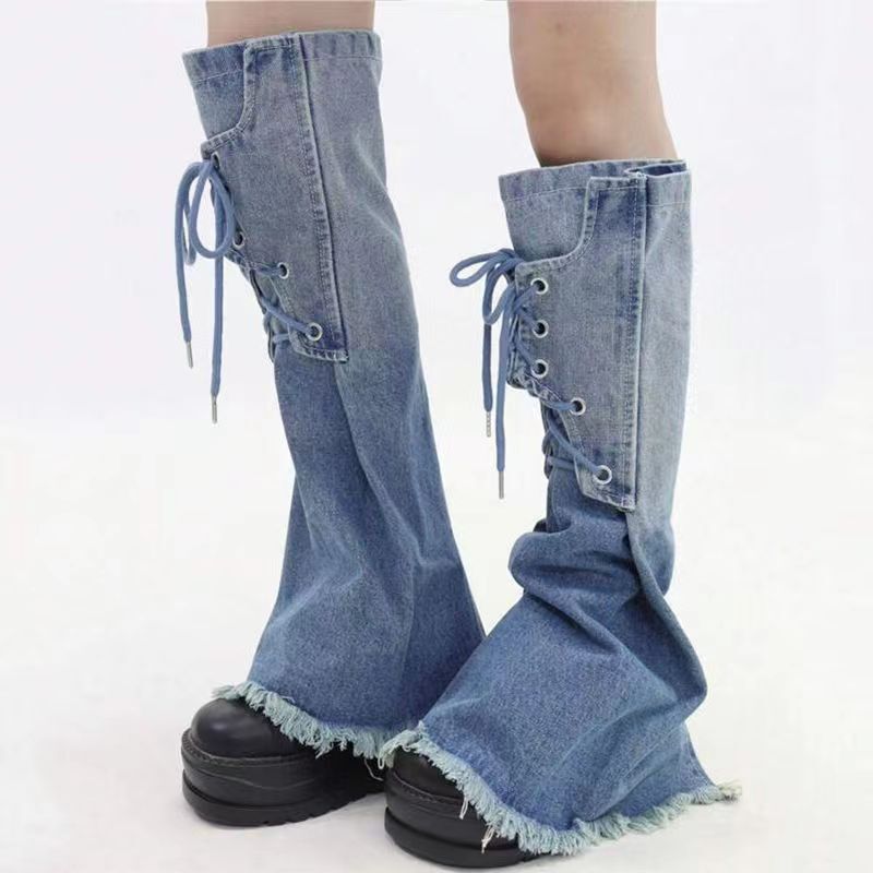 Cross-Border Trendy Gradient Denim Leg Warmers Slimming and Height-Enhancing Design with Tassel Mid-Calf Slouch Socks Versatile