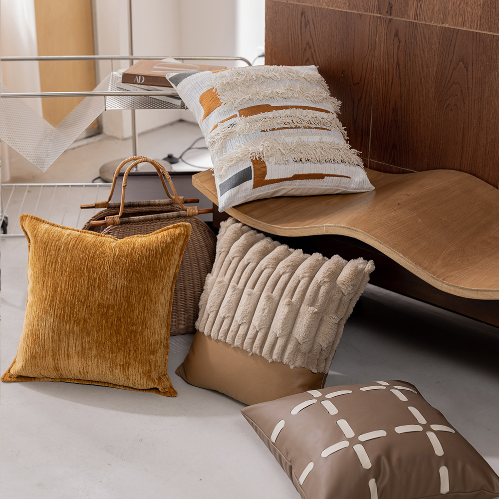 Cojín de chenilla jacquard estilo nórdico de lujo ligero con borlas, funda de cojín de diseño original, cojín lumbar.