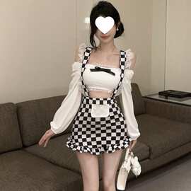 时尚纯欲镂空网纱荷叶边拼接短裙女辣妹格子印花背带假两件包臀裙