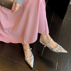 牛皮金色瑪麗珍鞋女低跟鞋春季新品低幫一字帶扣尖頭淺口單鞋女鞋