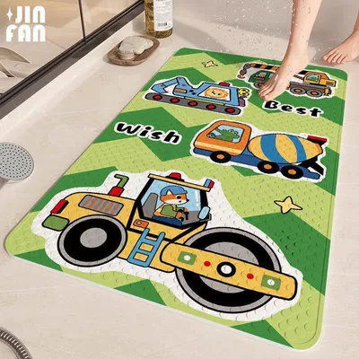 anti-slip mat for children, shower | Avtomobil döşəmə paspasları - four-green-patterned-construction-vehicles-square-suction-cup-floor-mat-4070cm