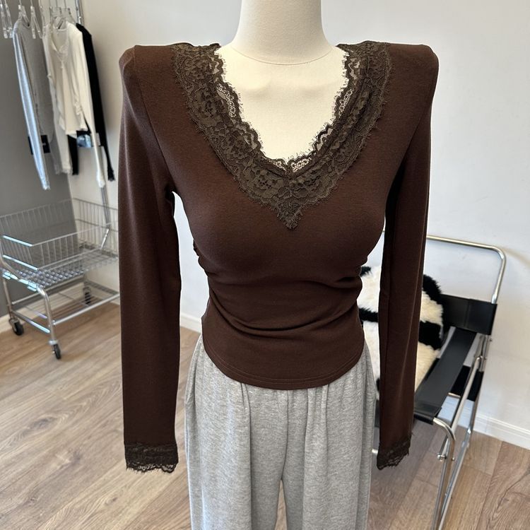 Lace Splicing Collar, Shoulder Pads, Velvet Long-Sleeved Shirt, Pleated Slim Fit Brushed Bottoming Shirt, Black, White, Brown