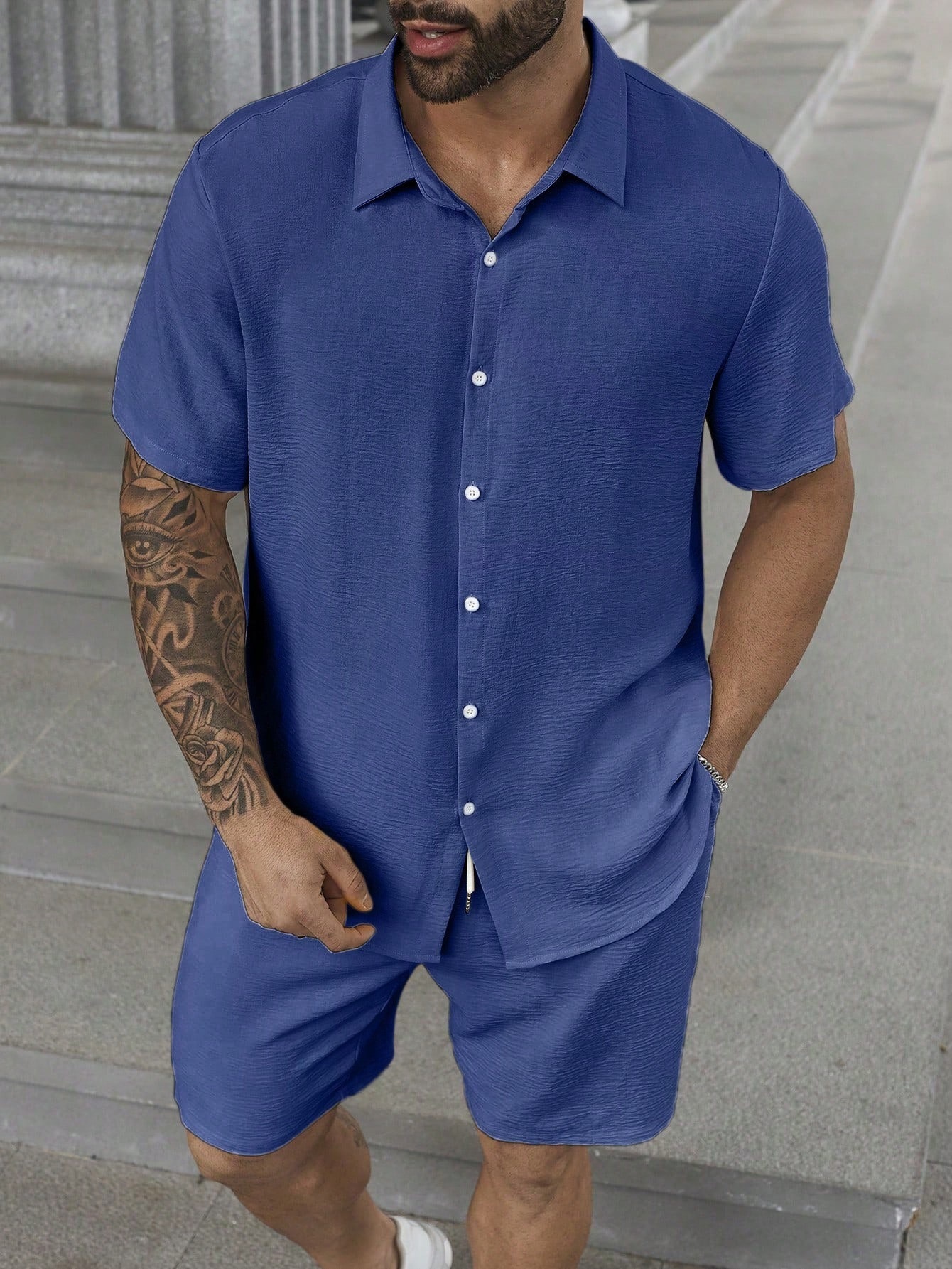 Comercio exterior transfronterizo retro camisa de botón de verano set de pantalones cortos 3D impresión casual vacaciones cardigan hombre set de dos piezas