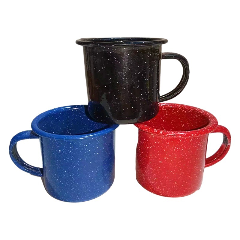 Color engrosado con puntos negros puntos blancos tazas de esmalte tazas logotipo impreso retro al por mayor bordes vintage taza de té