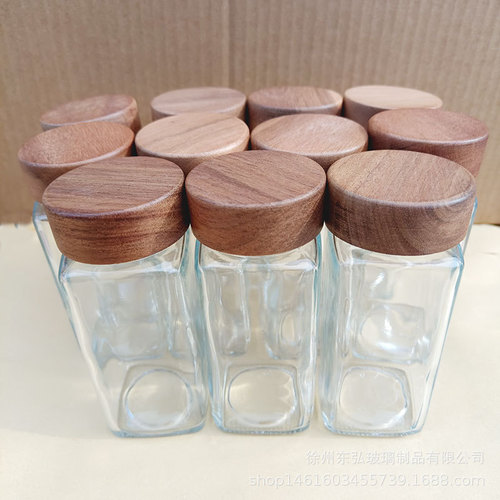 Square Salt Pot Kitchen Condiment Jar Chili Pot Seasoning Bottle Condiment Bottle Set Rosewood Glass Condiment Jar