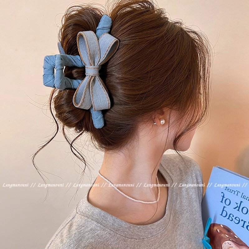Blue Denim Bow Hairpin Texture Hairpin Headdress 2025 New Elegant Large Shark Clip for Women on the Back of the Head