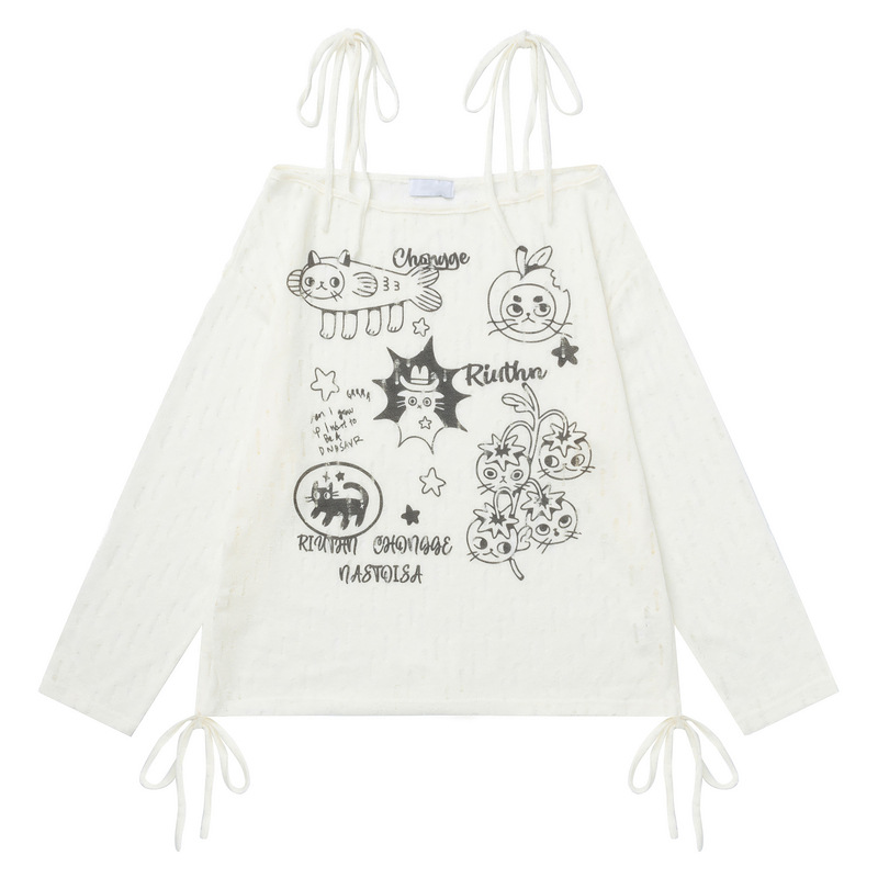 衣品男装复古甜美可爱猫咪印花一字肩系带长袖t恤女宽松防晒罩衫