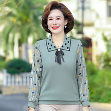 妈妈春装时尚翻领宽松显瘦上衣40岁50中老年女装春季长袖T恤衫薄
