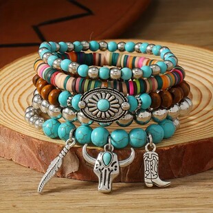 Cross-Border New Product Bohemian Style Feather Bull Head High Heels Retro Flower Multi-Layered Wooden Beads Beaded Five-Piece Bracelet Set