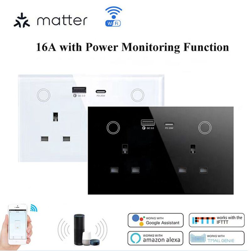 Matter Multi-Purpose Universal British Standard 13A Wall Dual Socket with Type-C+Usb