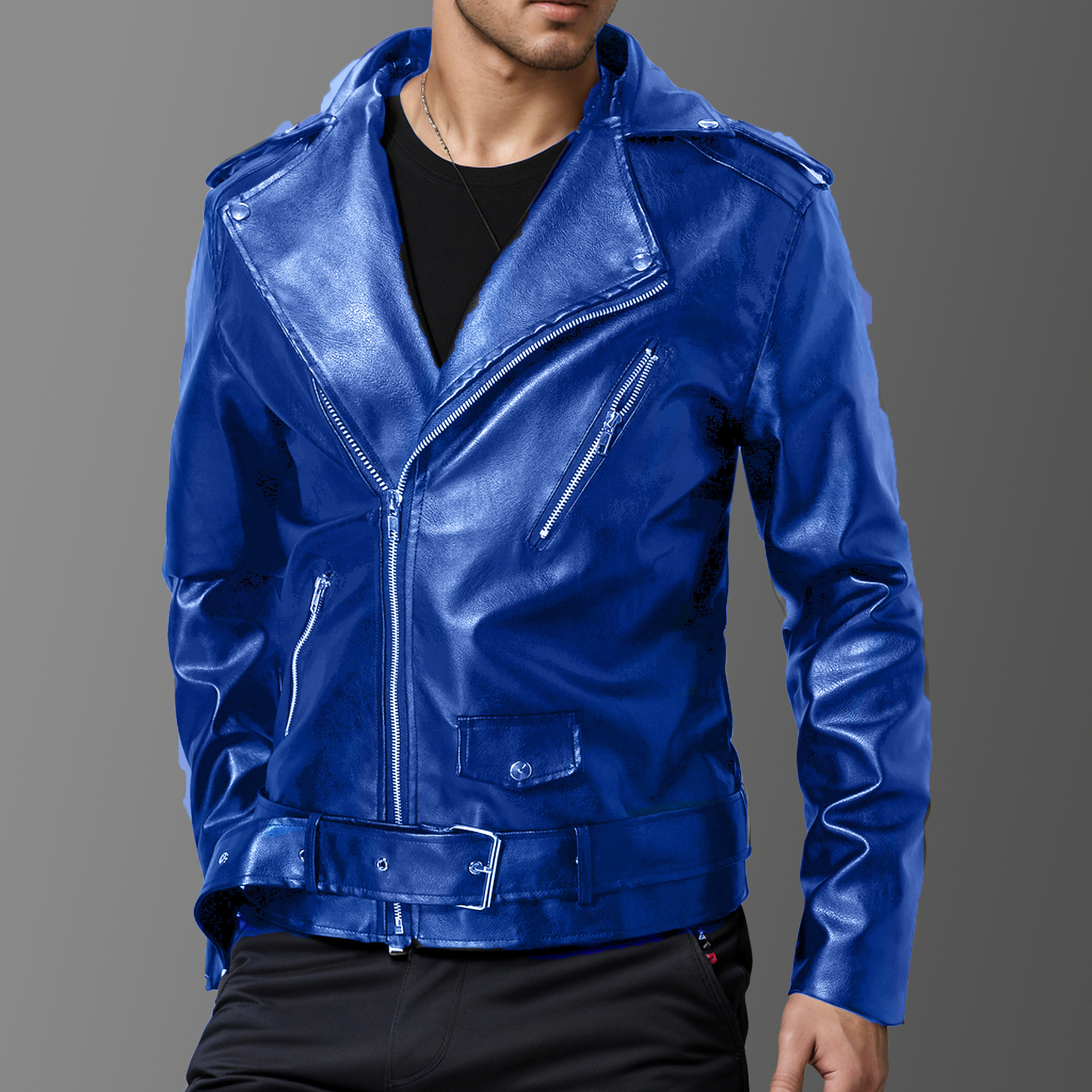 24 autumn/winter new men's high-quality slim fit lapel sloping British fashion motorcycle suit leather jacket_voghion.com