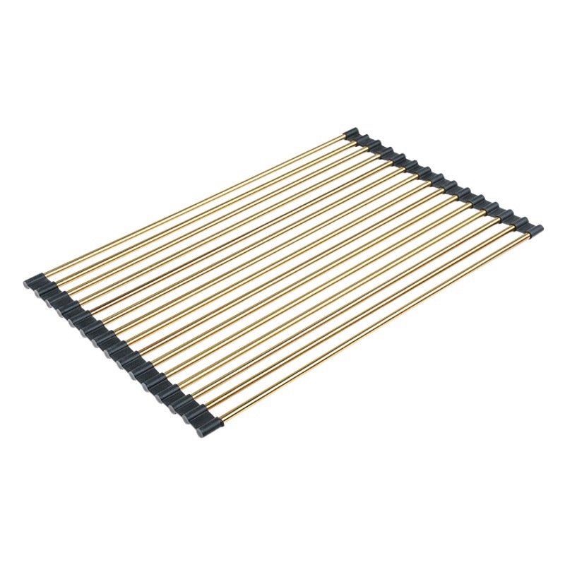Roll-Up Sink Drain Rack for Fruit and Vegetable Storage, Foldable, Gold Stainless Steel, Silicone, Anti-Scald, Exclusively for Cross-Border Supply