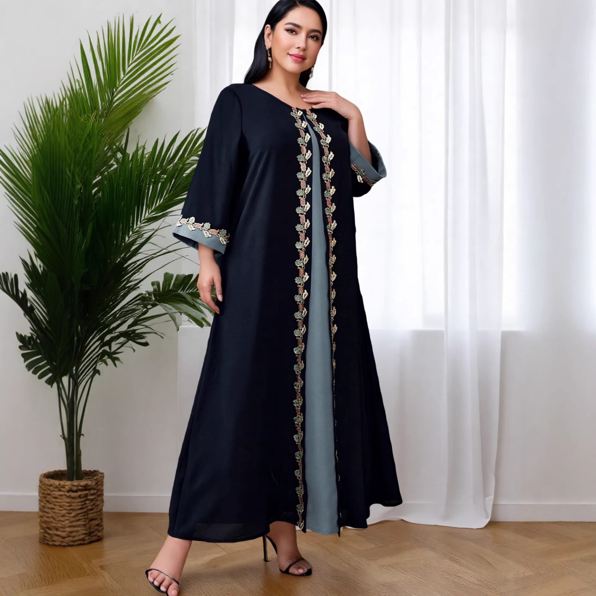 Exclusive Cross-border Supply Of Middle Eastern Robes, Muslim Fashion Navy Blue Embroidered Patchwork Abaya Plus-size_ecoleips.com