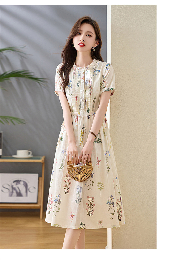Váy liền hoa nhí cotton thắt eo tay ngắn mùa hè 2025 NI2807 — Hoa gạo chi tiết 12