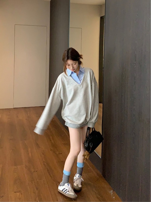 复古风Polo领撞色拼接假两件卫衣女秋季休闲宽松慵懒oversize上衣|undefined