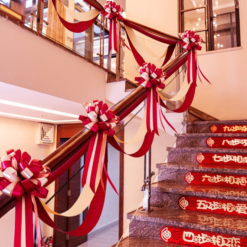 Bride's Room Stair Arrangement, Bridegroom Pulling Flowing Wave Flag Stair Arrangement, Wedding Engagement Ceremony Stair Railing Color Strips