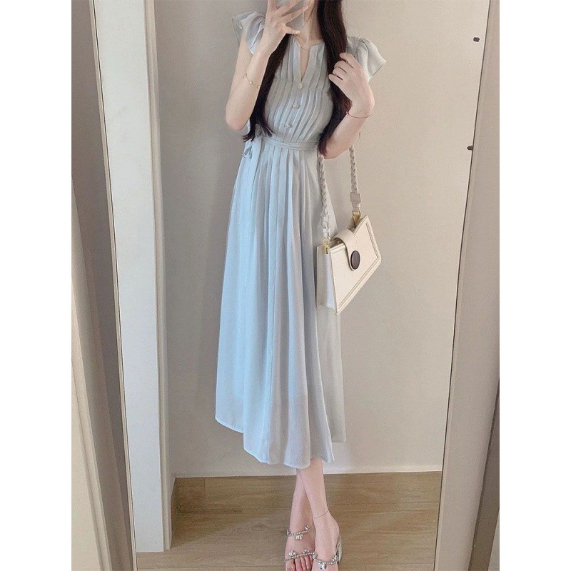 Đầm suông nữ tay bồng nhỏ ôm dáng mùa hè — màu xanh nhạt chi tiết 4
