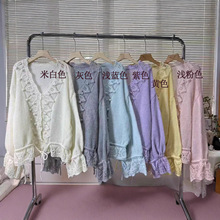 现货早秋毛衣镂空钩花毛球V领开衫宽松抽绳喇叭袖马海毛针织衫女