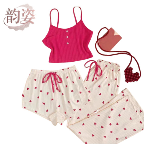 Cross-Border Sweet Camisole Underwear Shorts Pants Three-Piece Set Sexy Women's Loungewear Pajamas Autumn and Winter Wholesale