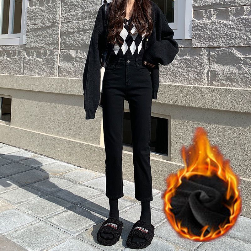Black Cigarette Jeans for Women, Autumn and Winter, Fleece-Lined, Cropped, Height-Enhancing, Stretchy, Slim-Fit, Versatile Straight-Leg Bootcut Pants
