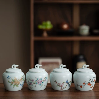 中式国风青瓷茶叶罐复古陶瓷茶仓红茶绿茶密封罐大号防潮储物罐