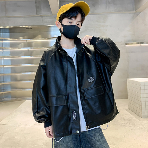 Boys' Leather Jacket 2024 Spring and Autumn New Middle Size Boy Black Leather Jacket Casual Children Spring Clothing Streetwear Outerwear