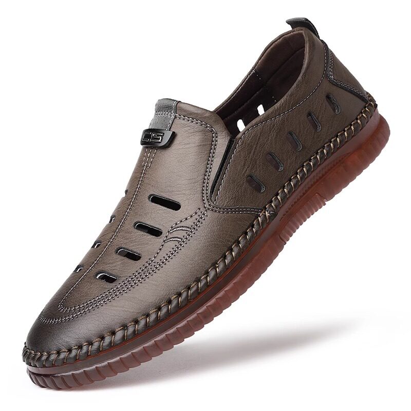 Giày sandal nam da lười khoét lỗ đế bằng chống trượt thoáng khí — Màu kaki, màu đen