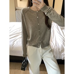 美式2025秋季韩版宽松简约休闲插肩圆领6羊毛针织开衫外套女毛衣