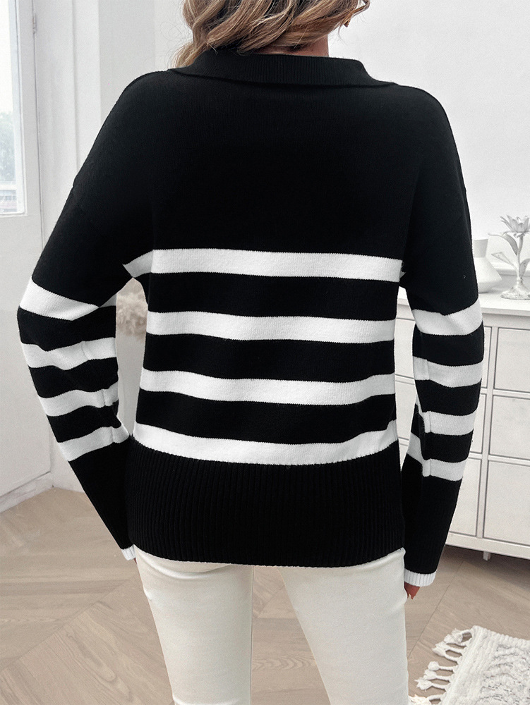 Abbigliamento donna autunno e inverno donna casual ampio a righe contrasto colore bavero maglioni top donna_voghion.com